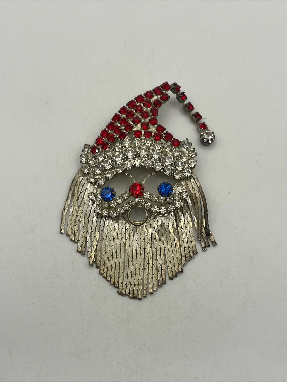 Santa Claus Christmas articulated fringe chain beard rhinestone brooch pin